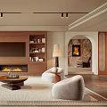 Cozy Living Room Interior With Wooden TV Cabinet Fireplace And Beige Sofas