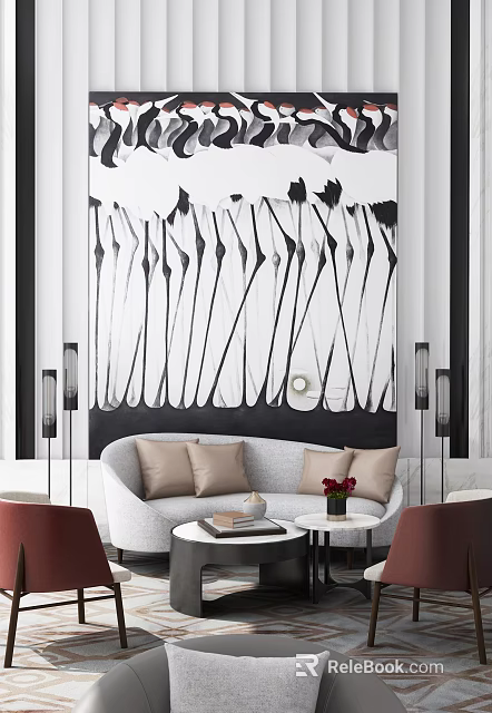 Modern Sofa Coffee Table Combination With Beige Pillows Round Coffee Table And Wall Art 3d model 