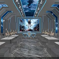 Modern Futuristic KTV Interior With Large Screen Blue Lighting Seating And Tables