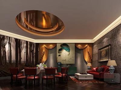 Private Room With Round Gold Chandelier Tree Patterned Wallpaper Golden Curtains Red Chairs And Sofa 3d model