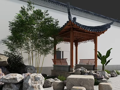 Chinese Style Pavilion With Traditional Roof Bamboo Rocks And Benches 3d model