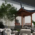 Chinese Style Pavilion With Traditional Roof Bamboo Rocks And Benches