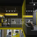 Modern Hair Salon Interior With Black Styling Chairs White Counter And Yellow Accents