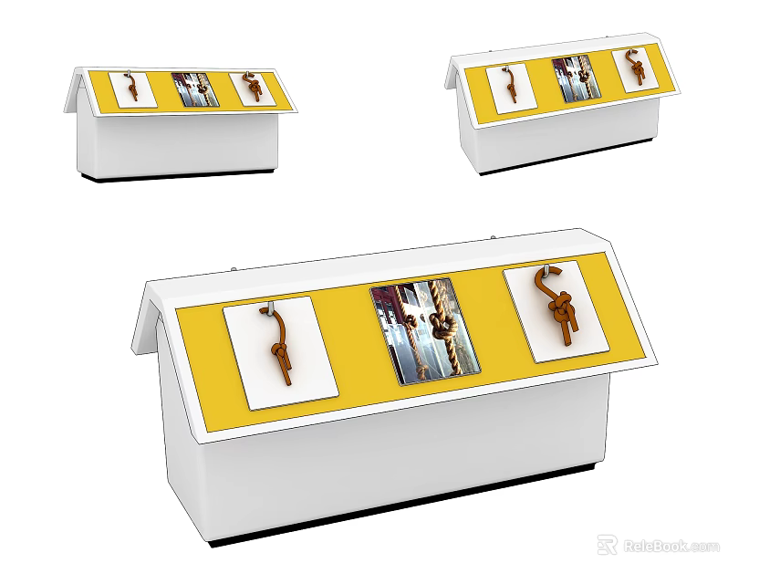 Modern Art Installation With Yellow Panel Display Cases And Image Exhibits 3d model
