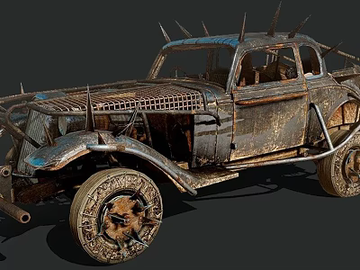 Rusty Vintage Car with Spiked Metal Structure and Worn Tires in Post Apocalyptic Design 3d model
