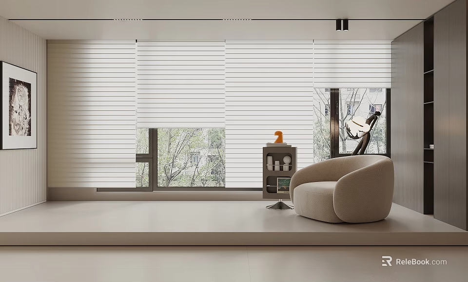 Roman Blinds in Minimalist Living Room with Natural Light and Comfortable Armchair 3d model 