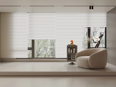 Roman Blinds in Minimalist Living Room with Natural Light and Comfortable Armchair 3d model