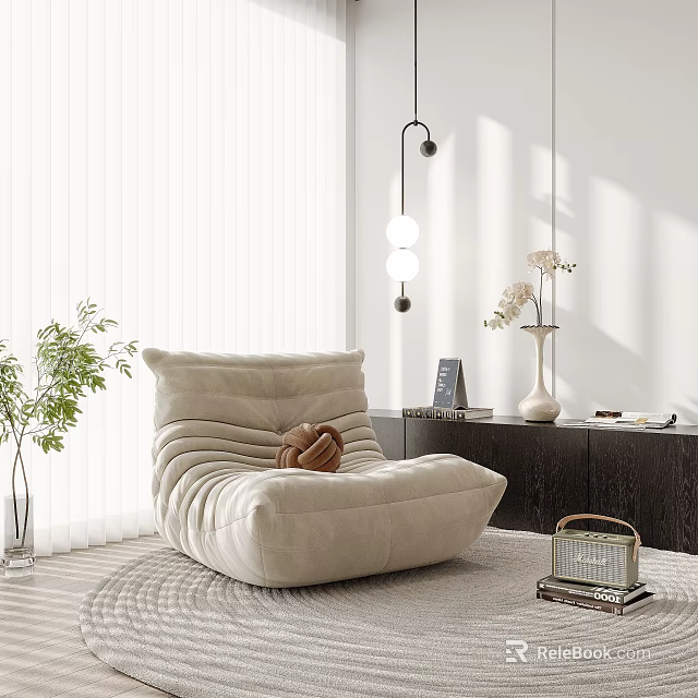 Cozy Beige Lazy Sofa with Pleated Design in Sunlit Living Room Interior with Green Plants 3d model 