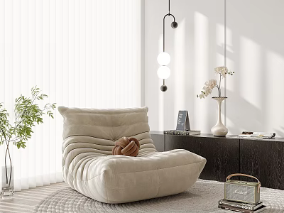 Cozy Beige Lazy Sofa with Pleated Design in Sunlit Living Room Interior with Green Plants 3d model