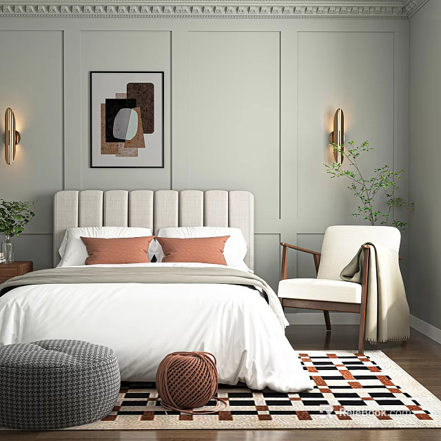 Double Bed With Upholstered Headboard Orange Pillows Abstract Wall Art And Gold Sconces 3d model 