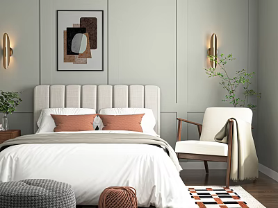 Double Bed With Upholstered Headboard Orange Pillows Abstract Wall Art And Gold Sconces 3d model