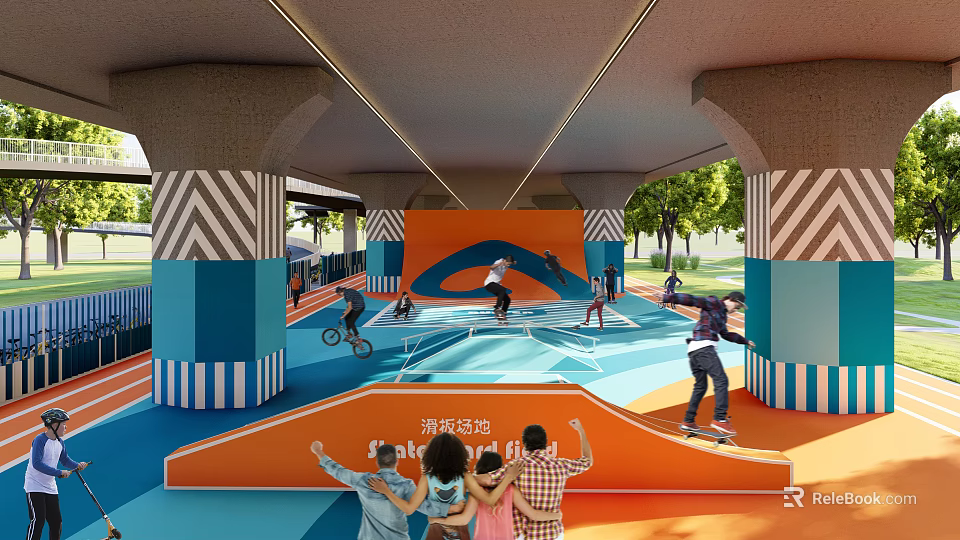 Vibrant Under Bridge Park Landscape With Colorful Wavy Ground Skateboarders Cheering Family And Striped Pillars 3d model 
