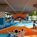 Vibrant Under Bridge Park Landscape With Colorful Wavy Ground Skateboarders Cheering Family And Striped Pillars