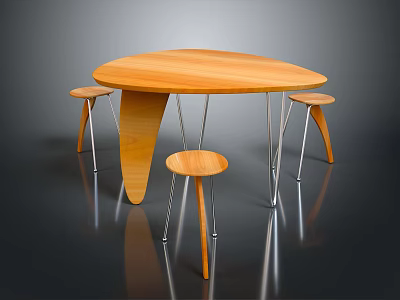 Modern Wooden Dining Chairs With Metal Legs Around Sleek Oval Wooden Table 3d model