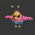 Playful Game Movie Character With Pink Body Yellow Face Antennae And Blue Overalls Outstretched Arms