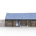 Rustic Wooden Cabin with Blue Roof and Surrounding Wooden Fence Exterior