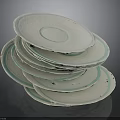 Stacked White Ceramic Plates With Light Blue Rim On Dark Background