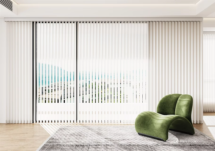 White Vertical Blinds In Modern Living Room With Sea View And Green Armchair 3d model 