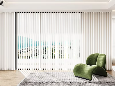 White Vertical Blinds In Modern Living Room With Sea View And Green Armchair 3d model