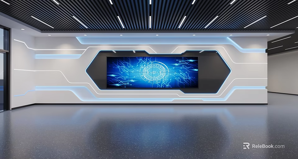 Futuristic Interior Space With Large Screen Blue Tech Graphic And Illuminated Geometric Design 3d model 