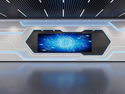 Futuristic Interior Space With Large Screen Blue Tech Graphic And Illuminated Geometric Design 3d model