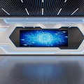 Futuristic Interior Space With Large Screen Blue Tech Graphic And Illuminated Geometric Design