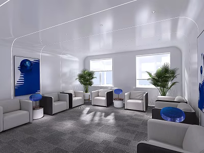 Elegant Modern Hotel Public Lounge Interior Design With White Sofas Green Plants And Windows 3d model