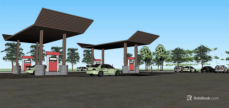 Gas Station Exterior With Brown Canopies Fuel Pumps Parked Cars And Trees 3d model 
