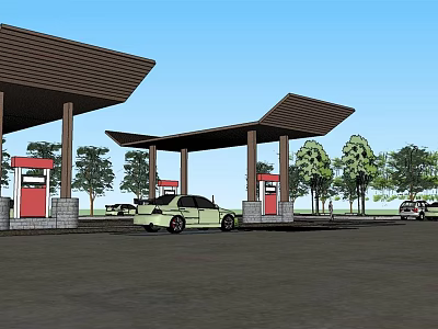 Gas Station Exterior With Brown Canopies Fuel Pumps Parked Cars And Trees 3d model