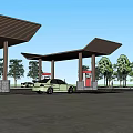 Gas Station Exterior With Brown Canopies Fuel Pumps Parked Cars And Trees