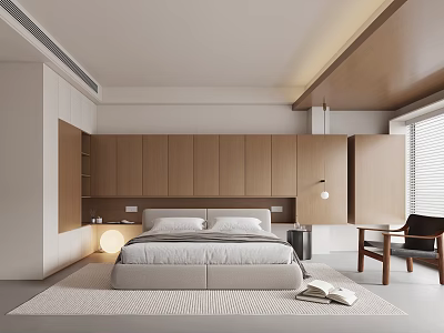 Modern Bedroom Interior Design With Wooden Cabinets White Bed Area Rug And Chair 3d model