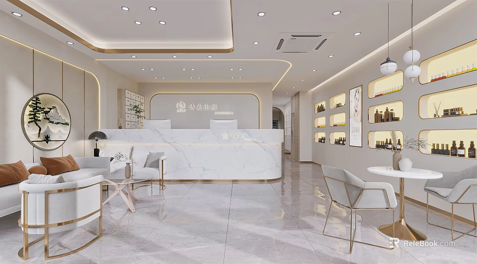 Elegant Beauty Salon Interior Design With Reception White Marble Desk Sofas Chairs And Product Shelves 3d model 