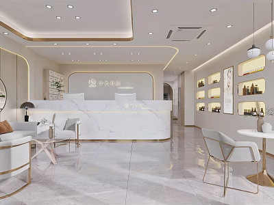 Elegant Beauty Salon Interior Design With Reception White Marble Desk Sofas Chairs And Product Shelves 3d model