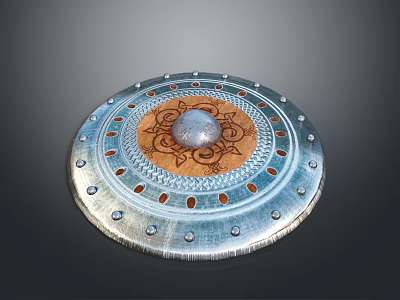 Medieval Shield Weapon With Silver Border Rivets Central Metal Dome And Brown Leather Carved Patterns 3d model