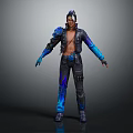 Cyberpunk Themed Male Character With Biomechanical Arm Decorations And Blue Purple Jacket Pants