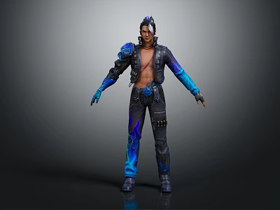 Cyberpunk Themed Male Character With Biomechanical Arm Decorations And Blue Purple Jacket Pants 3d model