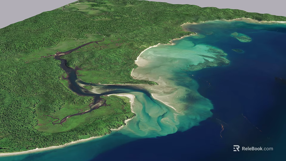 Natural Garden Landscape With Winding River Sandy Beach And Turquoise Ocean 3d model 