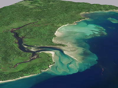 Natural Garden Landscape With Winding River Sandy Beach And Turquoise Ocean 3d model