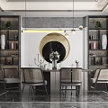 Modern Restaurant Interior With Dining Table Chairs Round Artwork And Pendant Lights 3d model