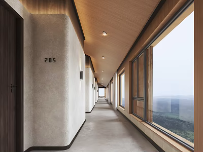 Long Hotel Corridor Featuring Wooden Ceiling Light Colored Walls Room Number Sign And Large Windows 3d model