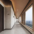 Long Hotel Corridor Featuring Wooden Ceiling Light Colored Walls Room Number Sign And Large Windows