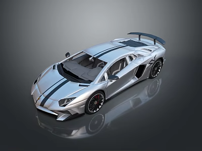 Silver Sports Car With Black Stripes Rear Spoiler And Sleek Exterior Design 3d model