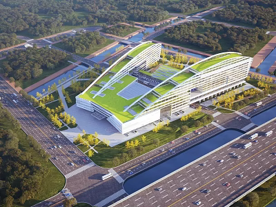 Modern Office Building with Green Roof Design Surrounded by Rivers Roads and Lush Trees 3d model