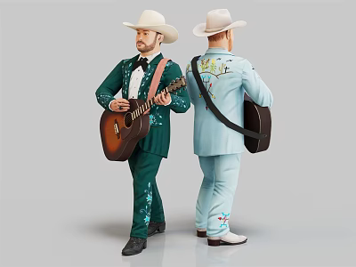 Men in Cowboy Hats Wearing Green and Light Blue Suits Playing and Carrying Guitars 3d model