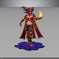 Mythical Horned Female Character In Red And Purple Armor Holding Flame Standing On Blue Platform