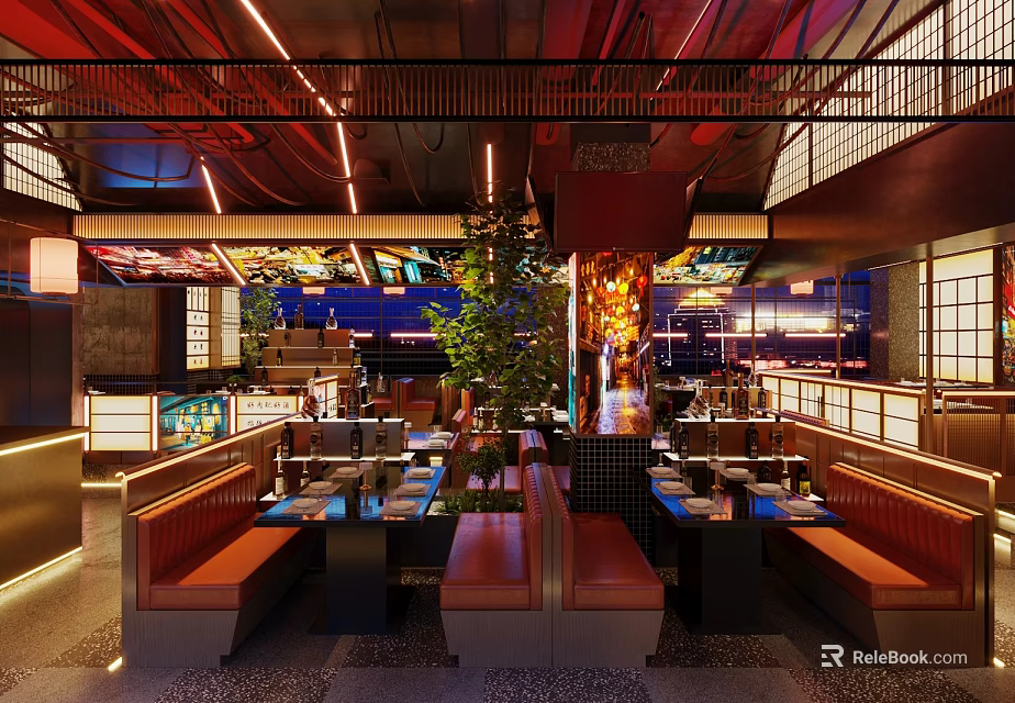Modern Hotpot Restaurant Interior Design With Stylish Tables Leather Seats And Ambient Lighting 3d model 