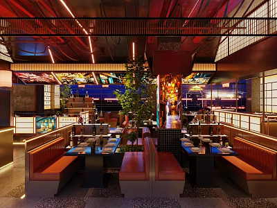 Modern Hotpot Restaurant Interior Design With Stylish Tables Leather Seats And Ambient Lighting 3d model
