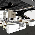 Modern Public Office Space With White Desks Computers Black Chairs Pendant Lights And Large Windows