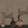 Ceramic Vases With Dried Branches And Red Fruits On Gray Tabletop 3d model