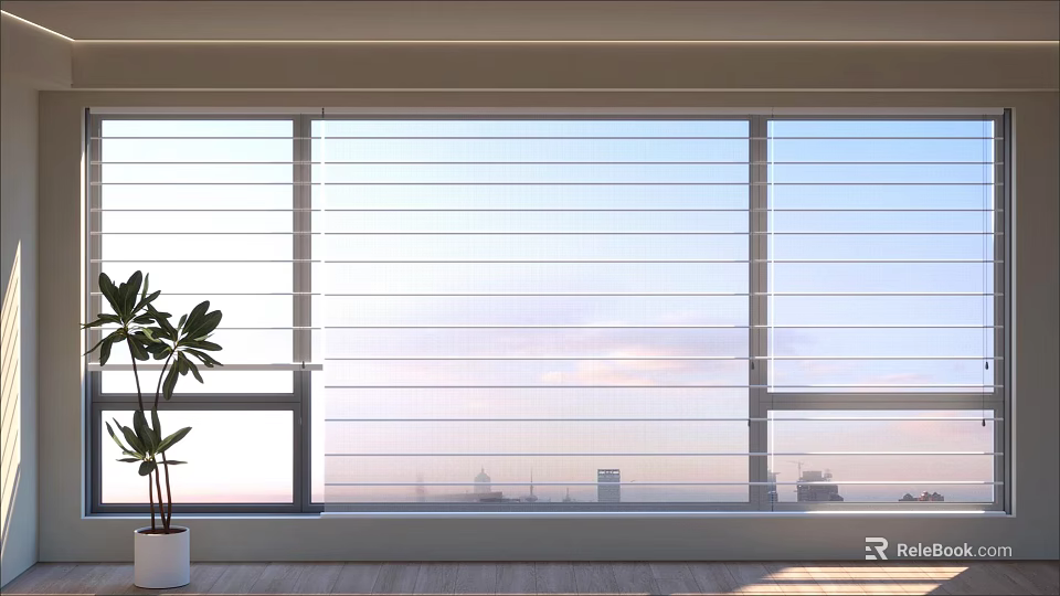 Window Blinds In Bright Interior With Green Plant And City View Through Natural Light 3d model 
